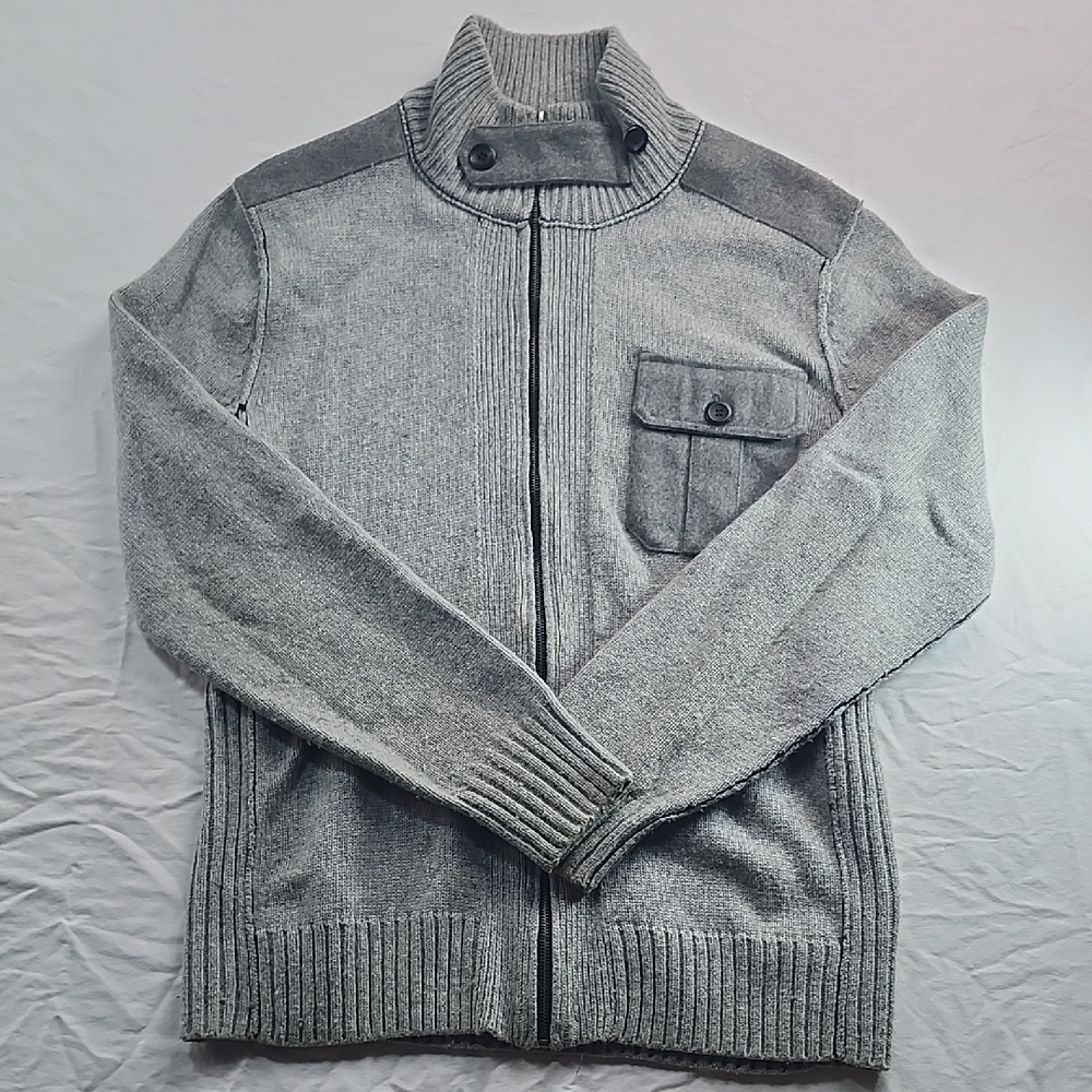 World Republic Vintage Gray Zip Up Sweater with High Collar and Knitted Texture